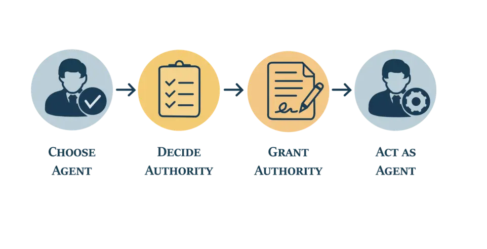 Illustration showing the Power of Attorney process: choose an agent, decide what authority to grant, sign the document to grant authority, and the agent acts on your behalf.